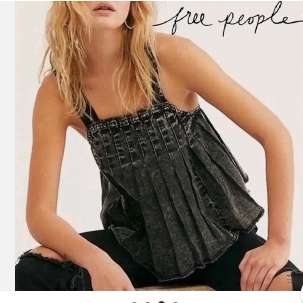 Free People washed black pleated denim babydoll tank